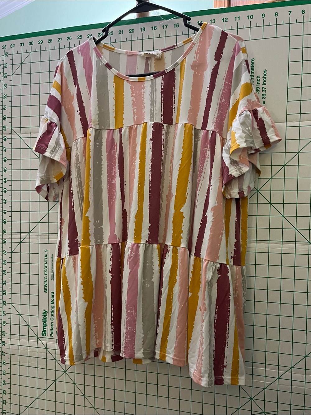 Striped Ruffle Sleeve Tunic Top in Pink, Mustard & Cream Large